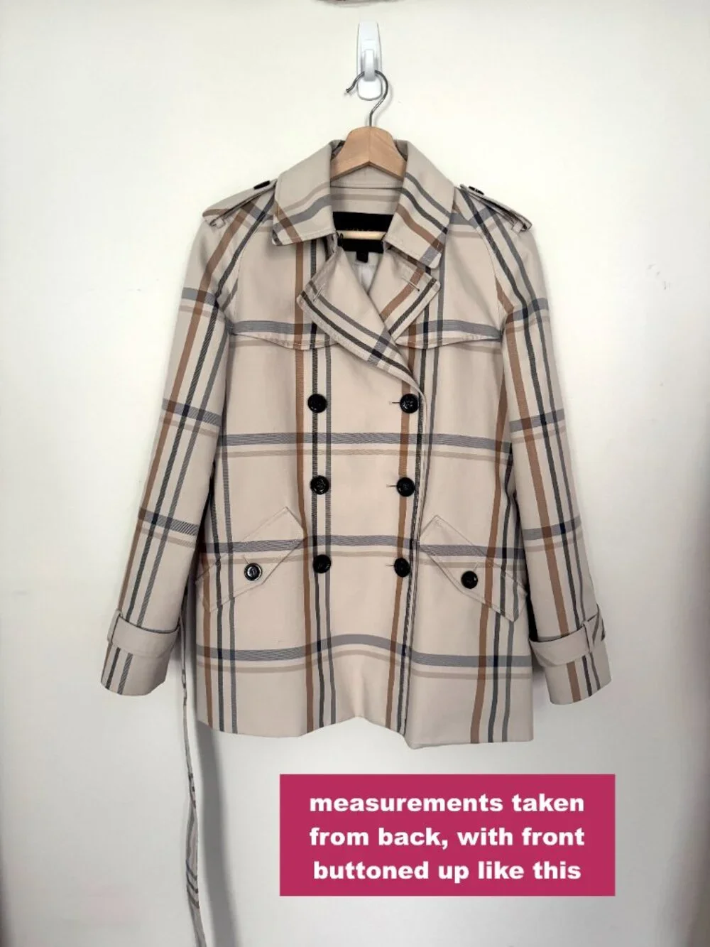 Coach New York tattersall beige plaid trench coat work business light academia